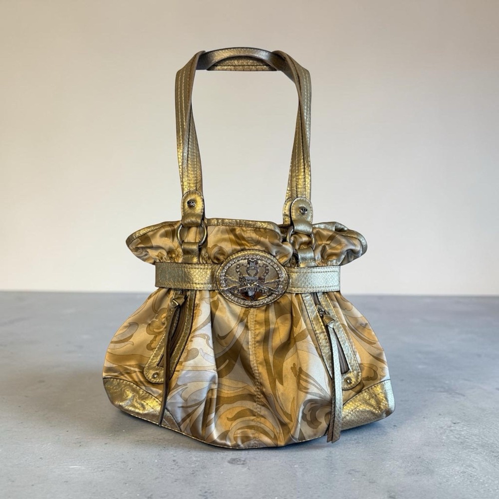 Y2K VTG Kathy Van Zeeland Metallic Gold Ruched Hobo Shoulder Bag Bratz Glam
